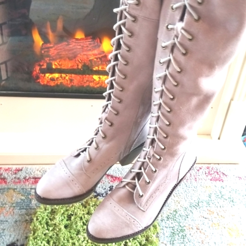JEFFREY CAMPBELL FREE PEOPLE Over The Knee OTK JOE Grey Lace Up Heels Boots 8.5 - Picture 6 of 16